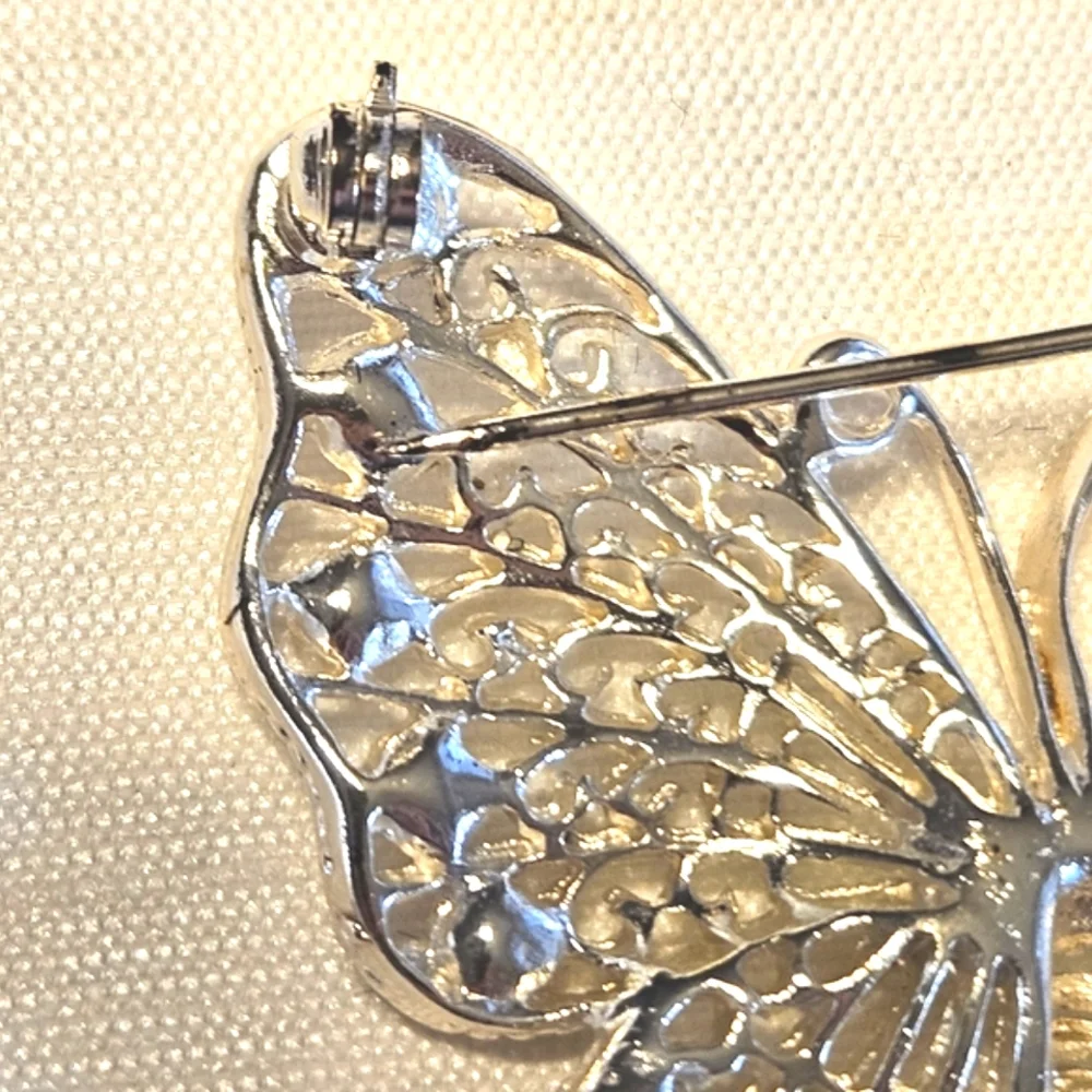 Vintage Silver Tone Rhinestone Filigree Butterfly Brooch
